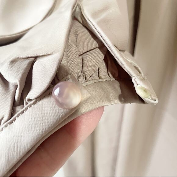 OPT Women Medium Taupe Silky MIDI Dress Low Cut Belted Champange - Picture 3 of 12